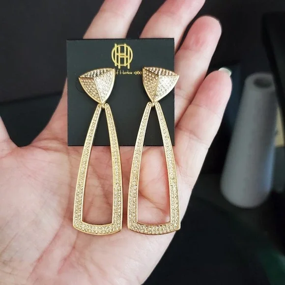 House of Harlow 1960 Mesa Door Knocker Pyramid Drop Earrings Gold Tone NWT - Picture 2 of 7